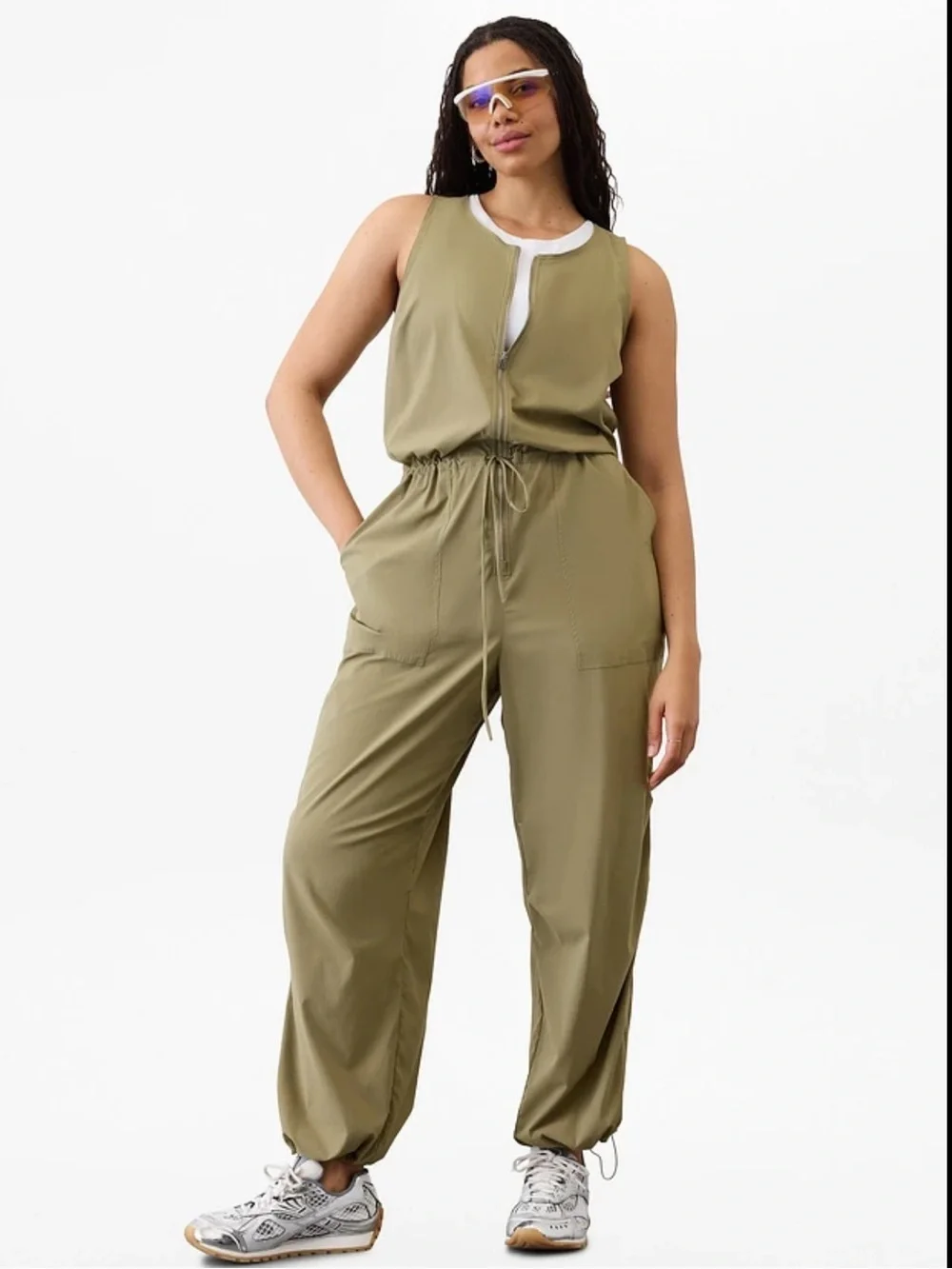 Athleta Olive Green Sleeveless Zip-Front Jumpsuit